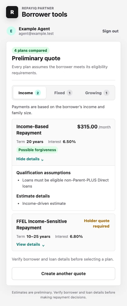 RepayIQ Partner Chrome side panel showing preliminary repayment plan estimates.