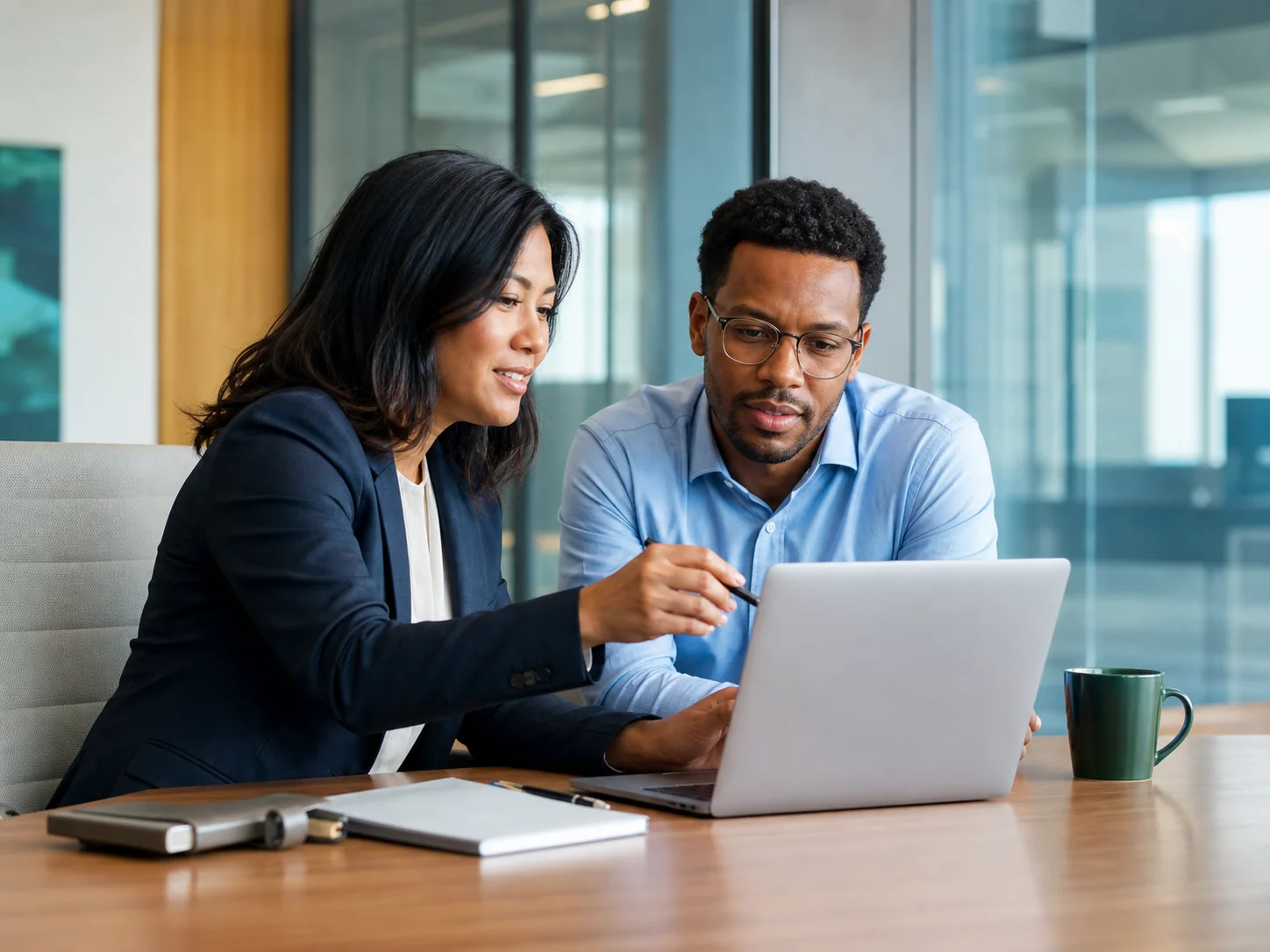 A financial-services advisor helping a client understand repayment scenarios on a laptop.